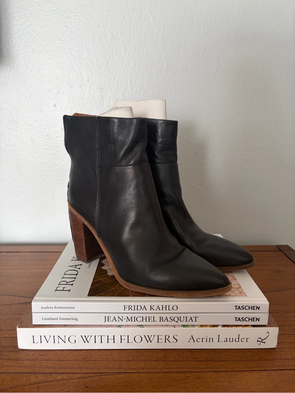 Franco Sarto Black Leather Pointed Ankle Booties with Wood Block Heel